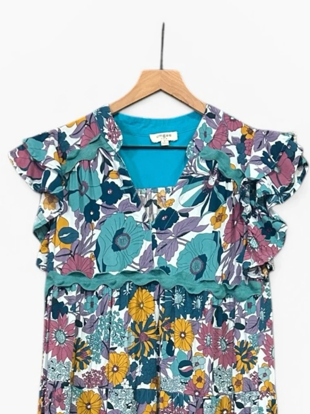 Umgee Floral Print Ric Rac Midi Dress Ruffle Ruffle Sleeve Size Small - Picture 7 of 13